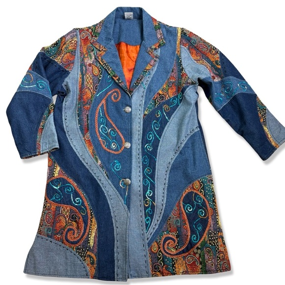 PARSLEY AND SAGE Vintage Denim Embroidered Brocade Duster Coat